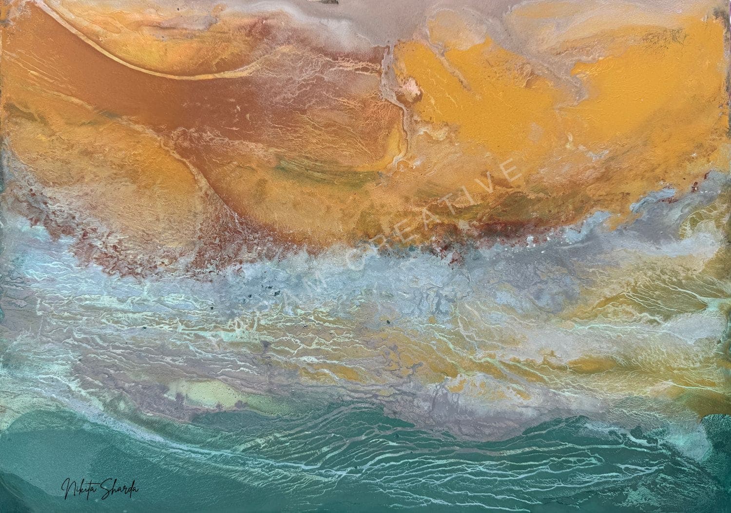 Golden Seascape, alcohol ink painting of sky meeting sea at a golden horizon